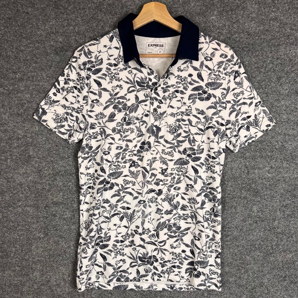 NEW Express Polo Shirt Mens Small White New Floral Print Stretch Short Sleeve